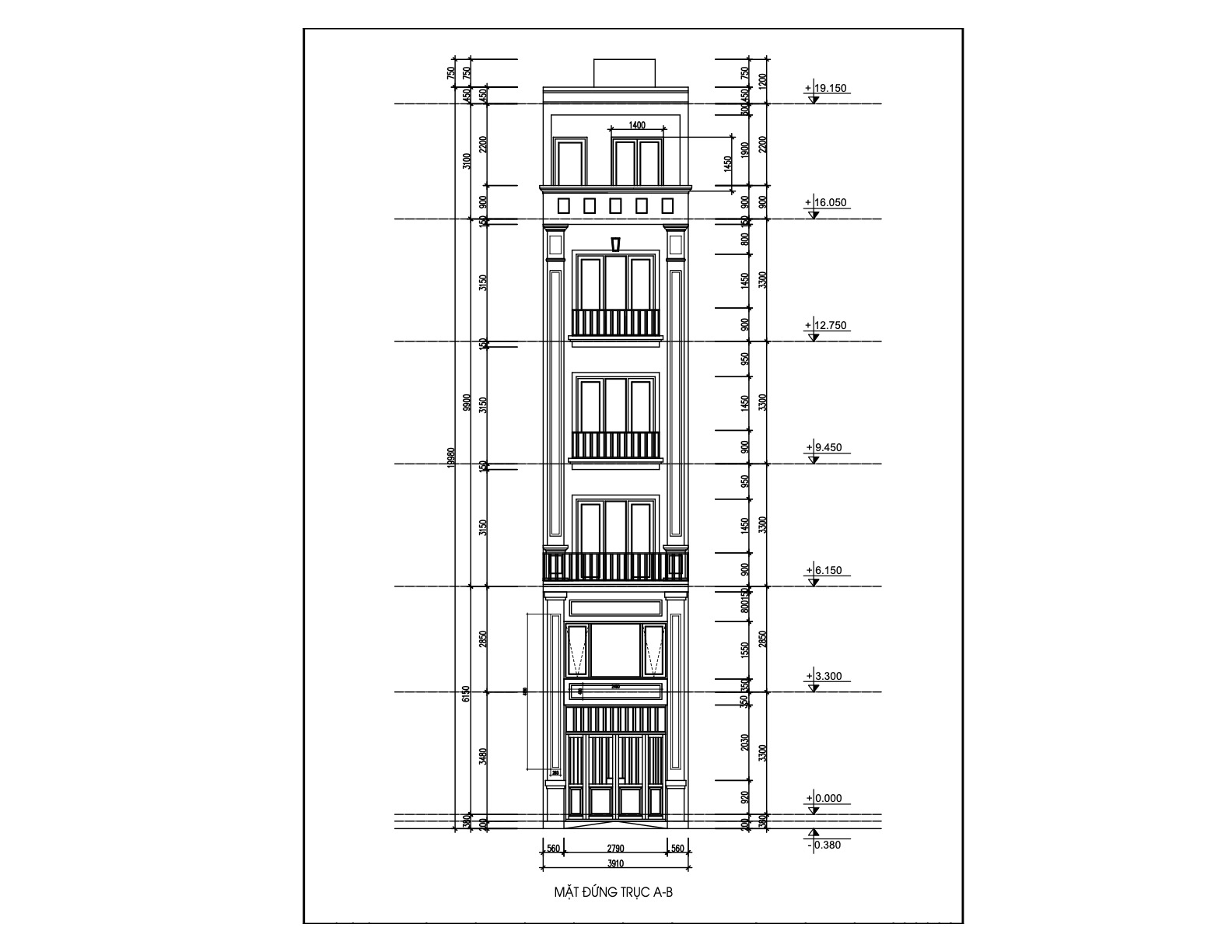 Bản vẽ thiết kế nhà phố 5 tầng 1 lửng mặt tiền 4m