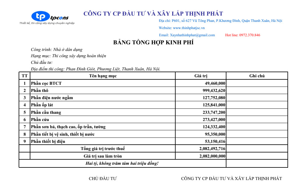 bảng báo giá xây nhà trọn gói 02