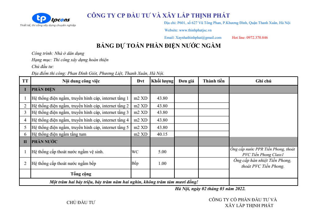 bảng báo giá xây nhà trọn gói 5